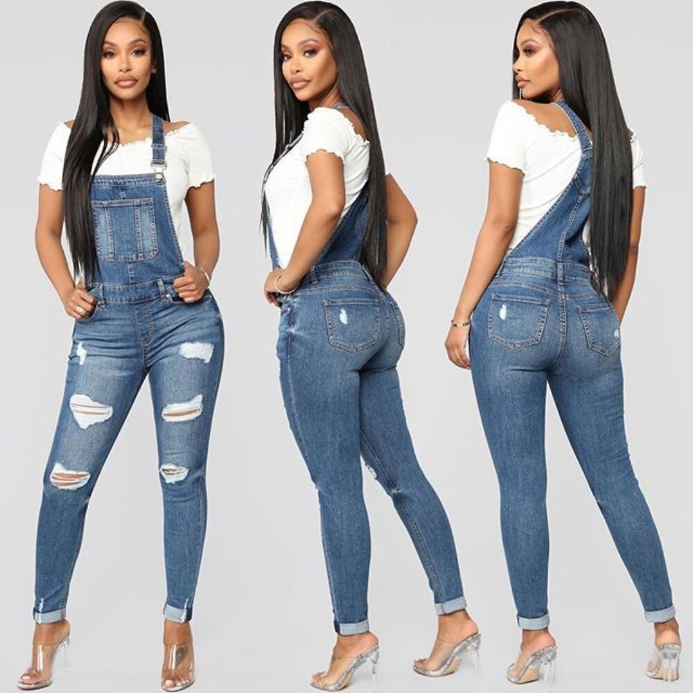 Fashion Nova Denim Overalls Sz L Distressed Stretch